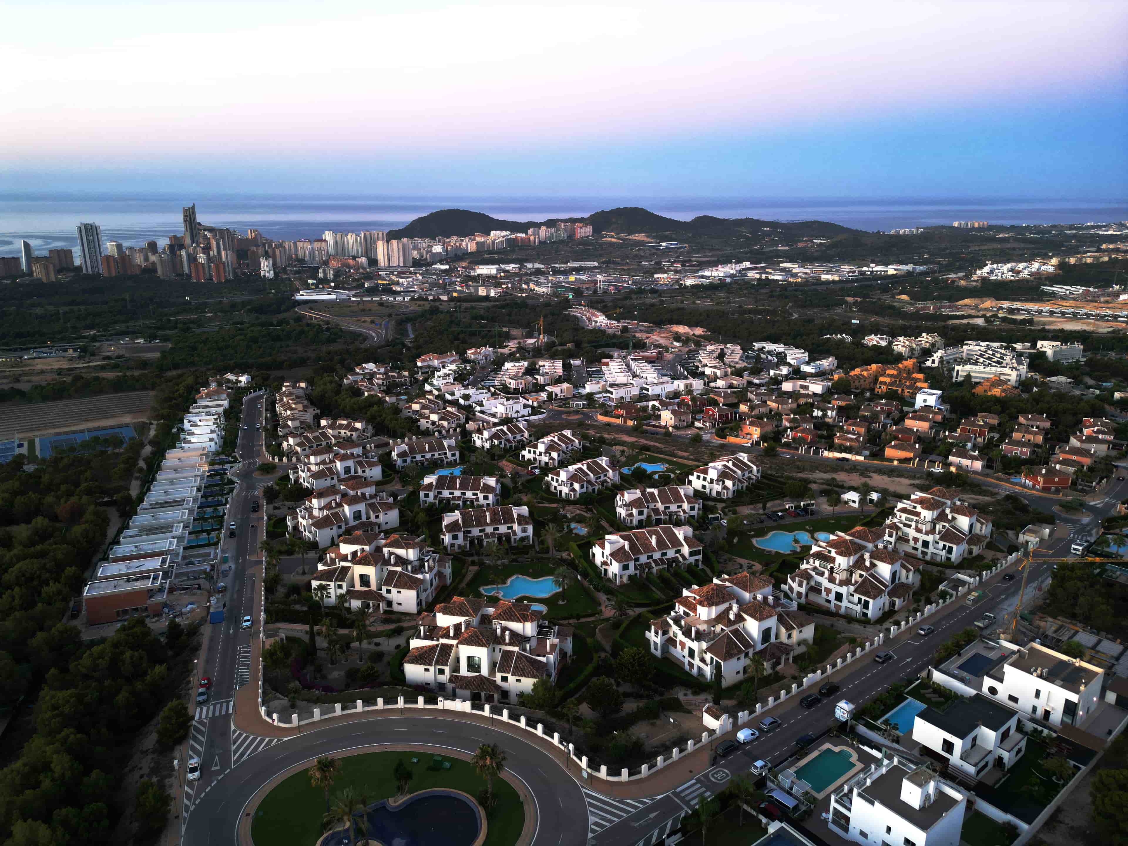 This drone aerial shot made during the sunrise hours helped to reflect the true beauty of the Sierra mountains surrounding the property in Benidorm