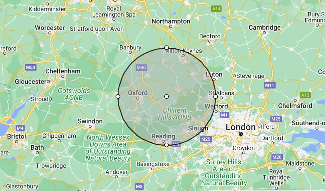 Map image with a 20 miles radius circle that highlights area where we cover and can travel to for our drone photos and videos taking. We cover Buckinghamshire, Berkshire, Oxfordshire, and West London.